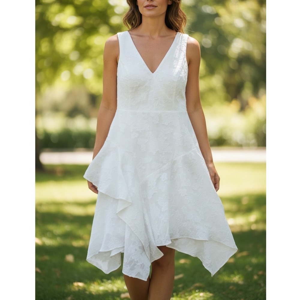 Derek Lam 10 Crosby White Jacquard Asymmetrical Ruffle V-Neck Dress Size 8